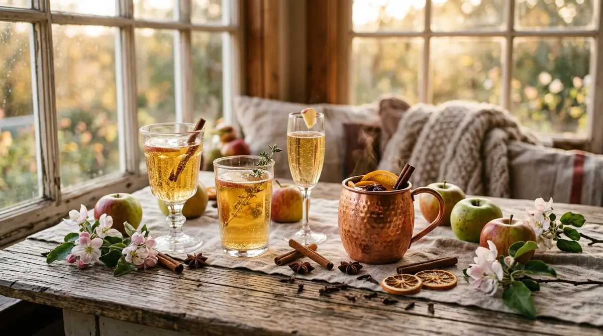 Glasses of sparkling cider and a copper mug of mulled cider on a rustic table with apples and spices
